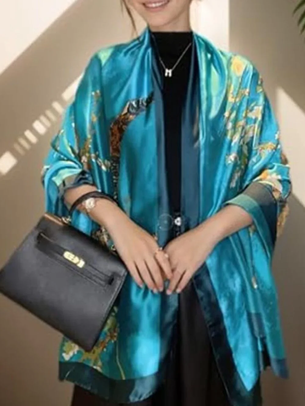 Blue Large Silk Feeling Scarf-Women's Fashion Long Mulberry Silk Satin Neck